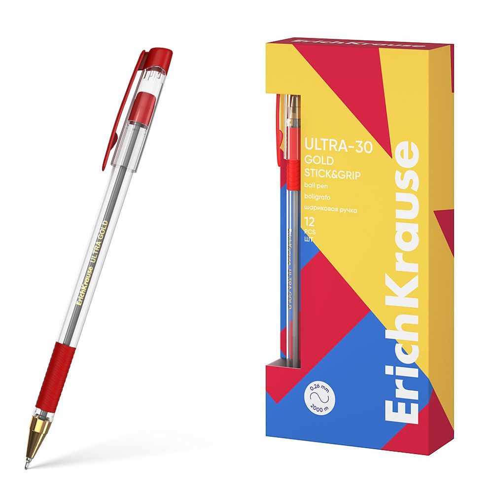 Ручка шариковая ErichKrause ULTRA-30 Gold Stick&Grip Classic 0.7, Super Glide Technology, цвет чернил красный