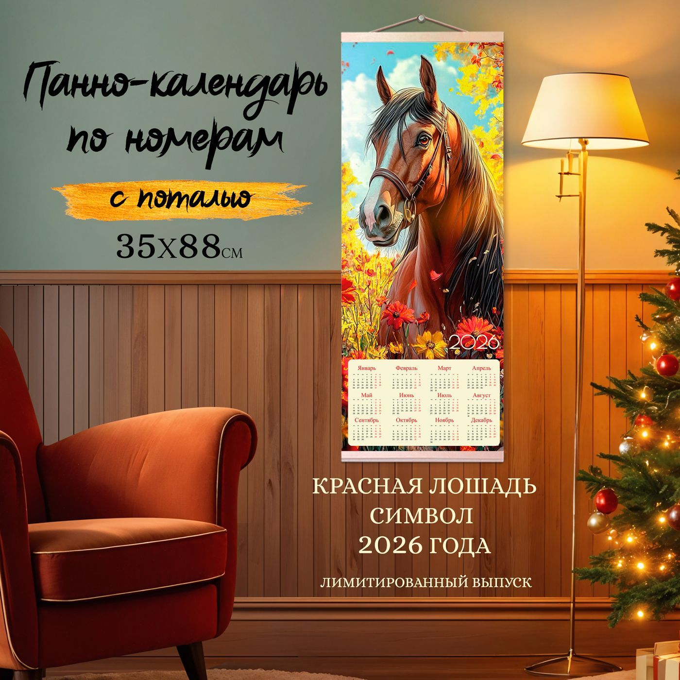 КАЛЕНДАРЬ ЛОШАДЬ В ЦВЕТАХ 2026 35Х88 ПАННО с поталью  26 цветов