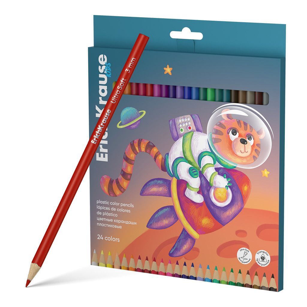 Цветные карандаши пластиковые ErichKrause Kids Space Animals трехгранные, грифель 3 мм, 24 цвета 