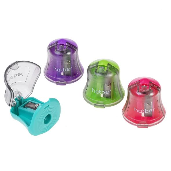 Точилка Hatber BELL Пластиковая Цветная с контейнером-Ассорти- 4 цв. 