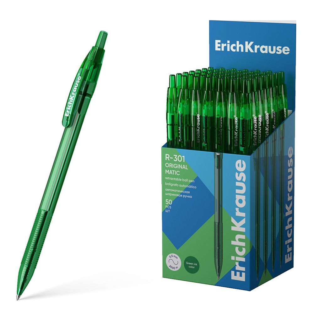 Ручка шариковая автоматическая ErichKrause R-301 Matic Original 1.0, цвет чернил зеленый