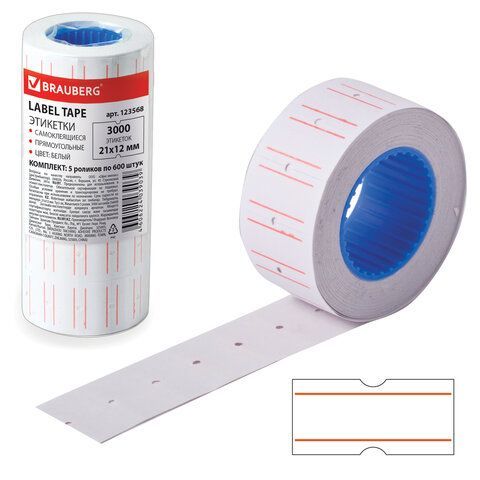 Этикет-лента 21*12мм прямоугольная, белая с крас.полосой,1 рулон, BRAUBERG 123568