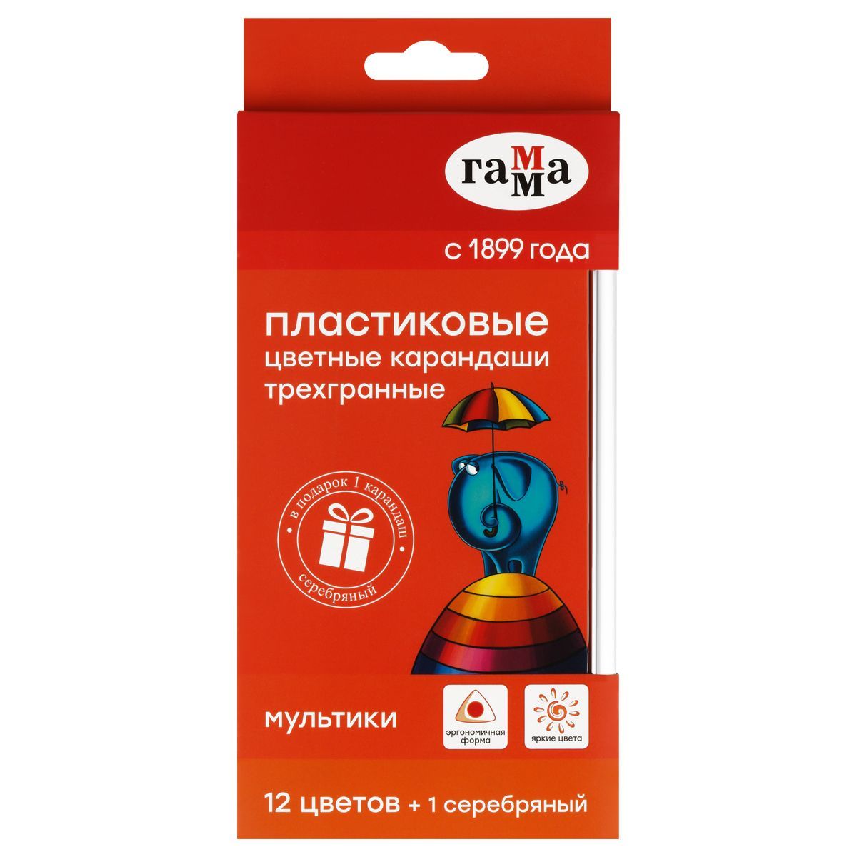 Карандаши цветные пластиковые Гамма "Мультики", 12цв. +1 серебряный, трехгранные, заточен., картон., европодвес 