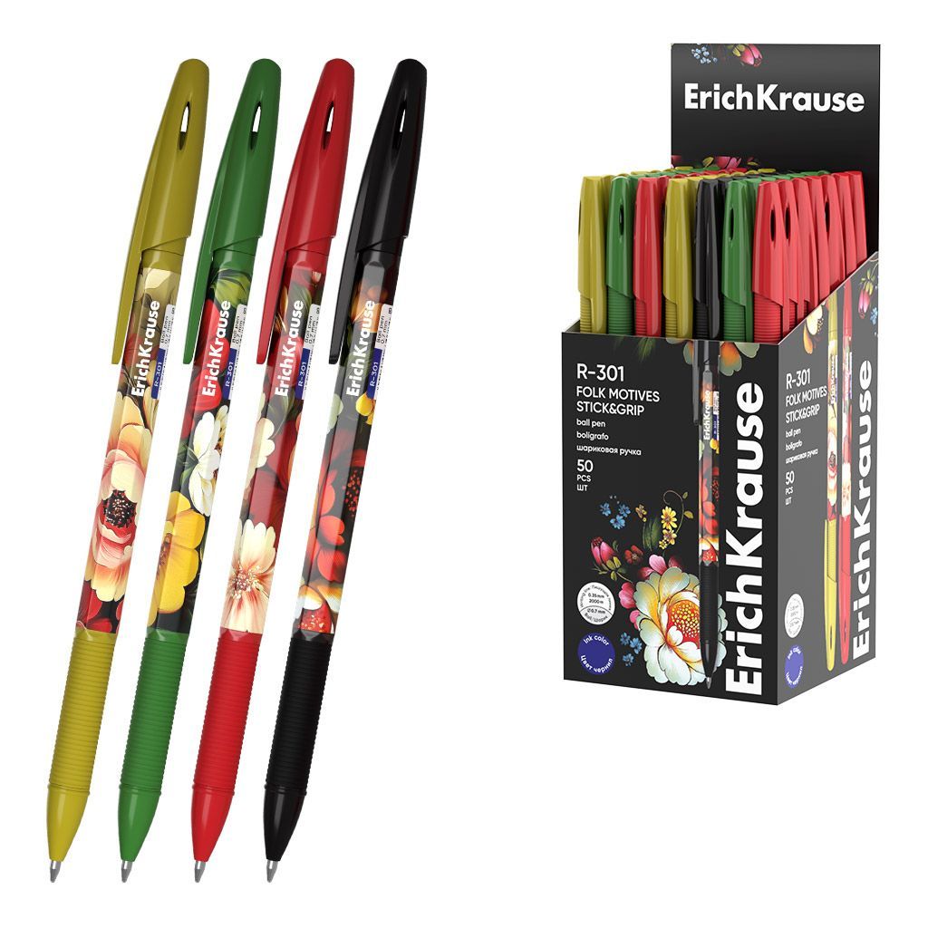 Обложка товара «Ручка шариковая ErichKrause R-301 Stick&Grip Folk Motives 0.7, цвет чернил синий »
