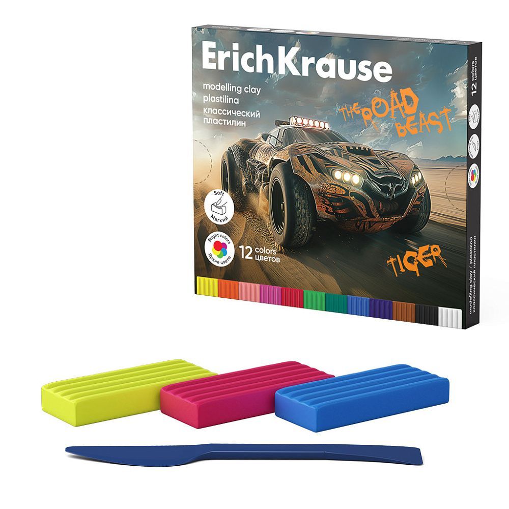 Пластилин классический ErichKrause Road Beast 12 цветов со стеком, 180 г