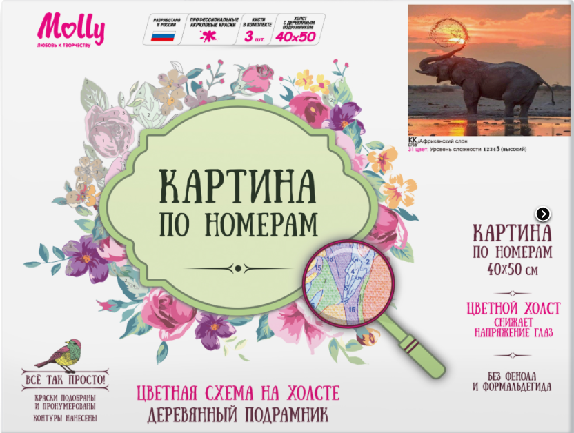 Картина по номерам  (40х50 ) Цветной холст АФРИКАНСКИЙ СЛОН  (31 цвет) 1/20 