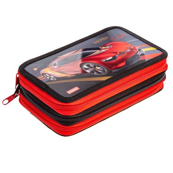 Пенал Hatber 190х110мм 3 отделения на молнии мат.ламин, выб УФ лак -Super Sports Car- с табл.умножения в индив.упак.