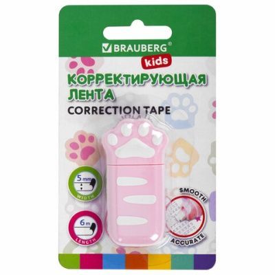 Обложка товара «Корректирующая лента BRAUBERG KIDS "ЛАПКИ", 5мм х 6 м, розовая, блистер, 272497»