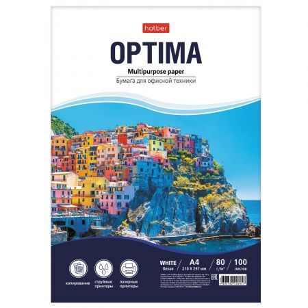 Бумага для офисной техники 100л А4ф 80г/кв.м Hatber Optima в пленке