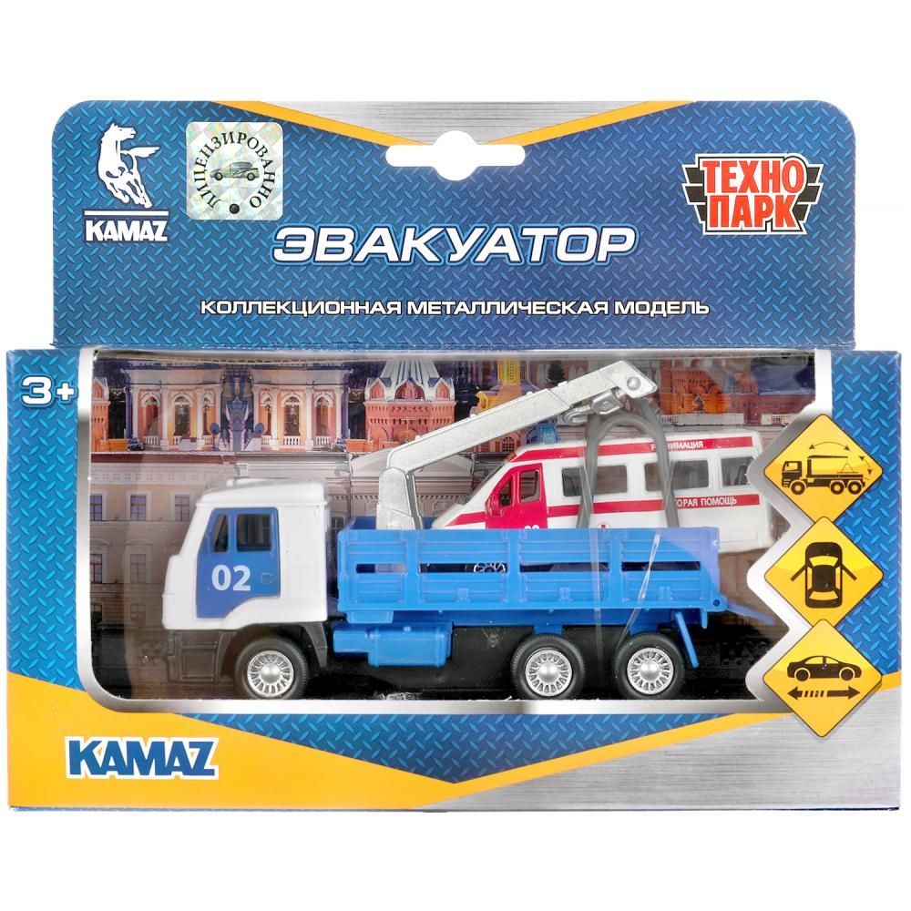 Обложка товара «Машина металл KAMAZ ЭВАКУАТОР, 12 см, дв., подв.дет., инерц.+скорая 7,5 см Технопарк »
