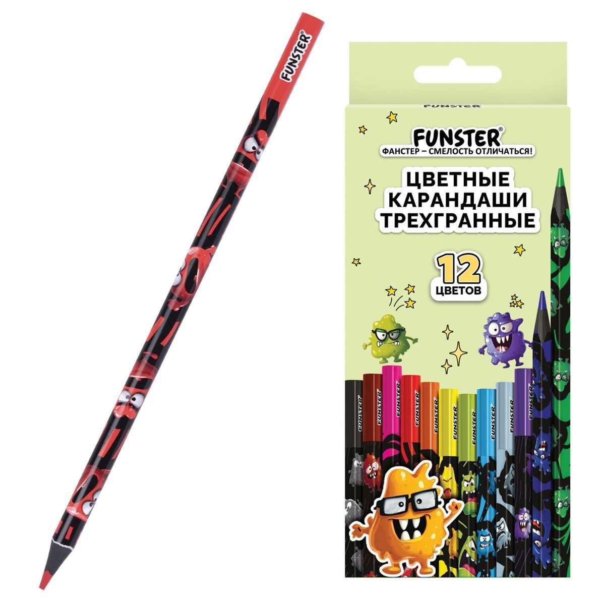 Обложка товара «Карандаши цветные FUNSTER (ФАНСТЕР) МОНСТРИКИ,12 цветов,черный корпус с принтом,трехгранные,182065»