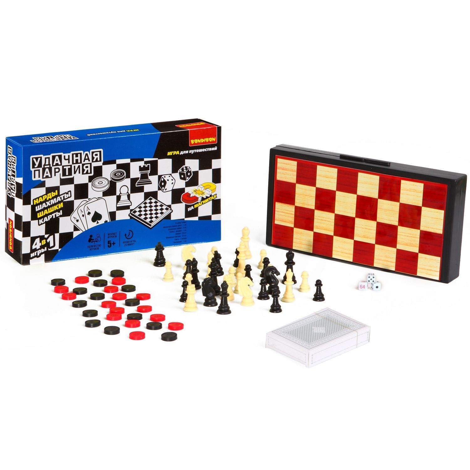 Удачная партия Бондибон BOX 4 в 1 шашки, шахматы, нарды, карты