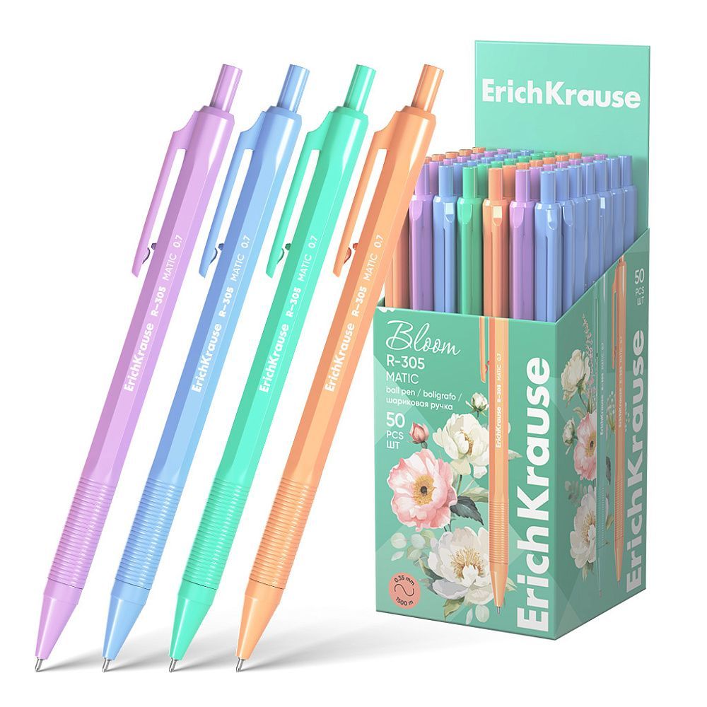 Ручка шариковая автоматическая ErichKrause R-305 Matic Pastel Bloom 0.7, цвет чернил синий 