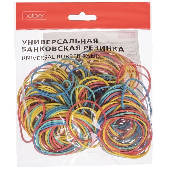 Резинка банковская  цветная Hatber диаметр 38мм,  длина 60мм,  100г в пакете с европодвесом