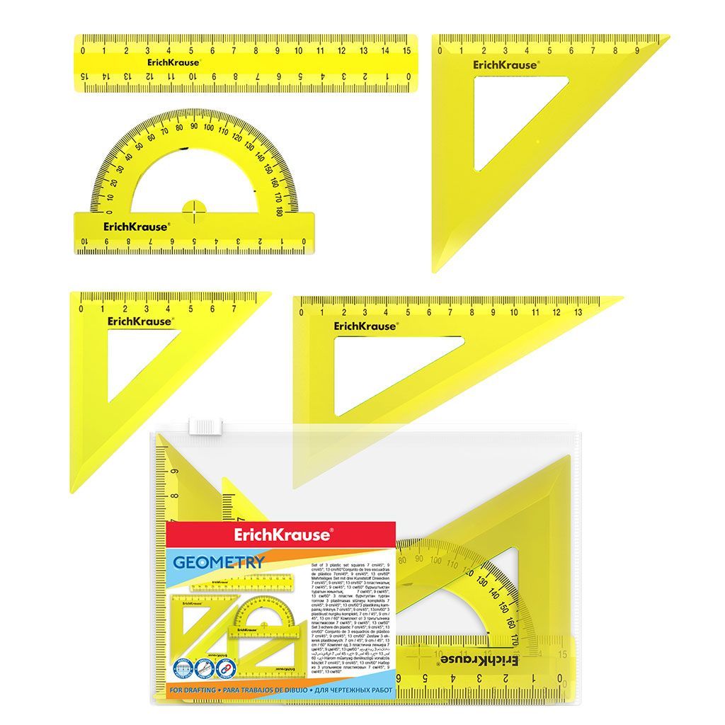 Набор геометрический малый пластиковый ErichKrause® Neon, (линейка, 3 угольника, транспортир), желтый, в zip-пакете