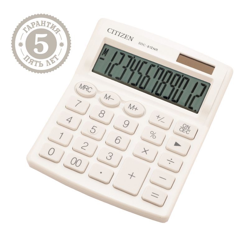 Калькулятор настольный Citizen SDC812NRWHE, 12 разр., двойное питание, 127*105*21мм, белый