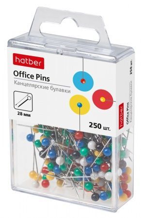 Булавки канцелярские Hatber 28мм с цветными головками 250шт в пластик.боксе с европодвесом