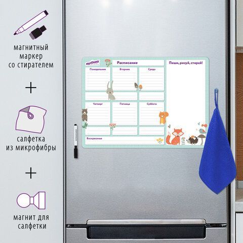 Планинг на холодильник магнитный РАСПИСАНИЕ, 42х30см с маркером и салфеткой, ЮНЛАНДИЯ,237851